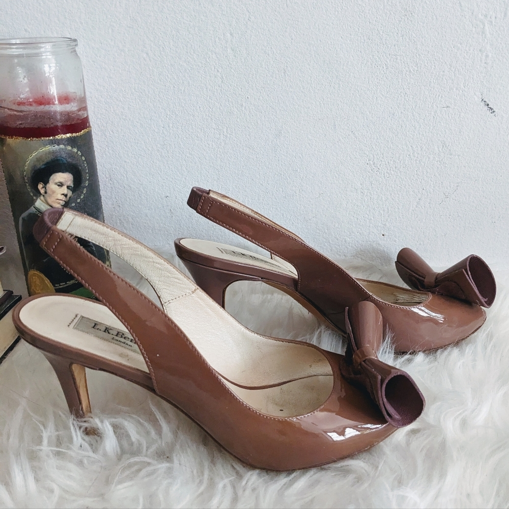 LK Bennett Patent Leather Slingback Heels in Brown with Bow Accent